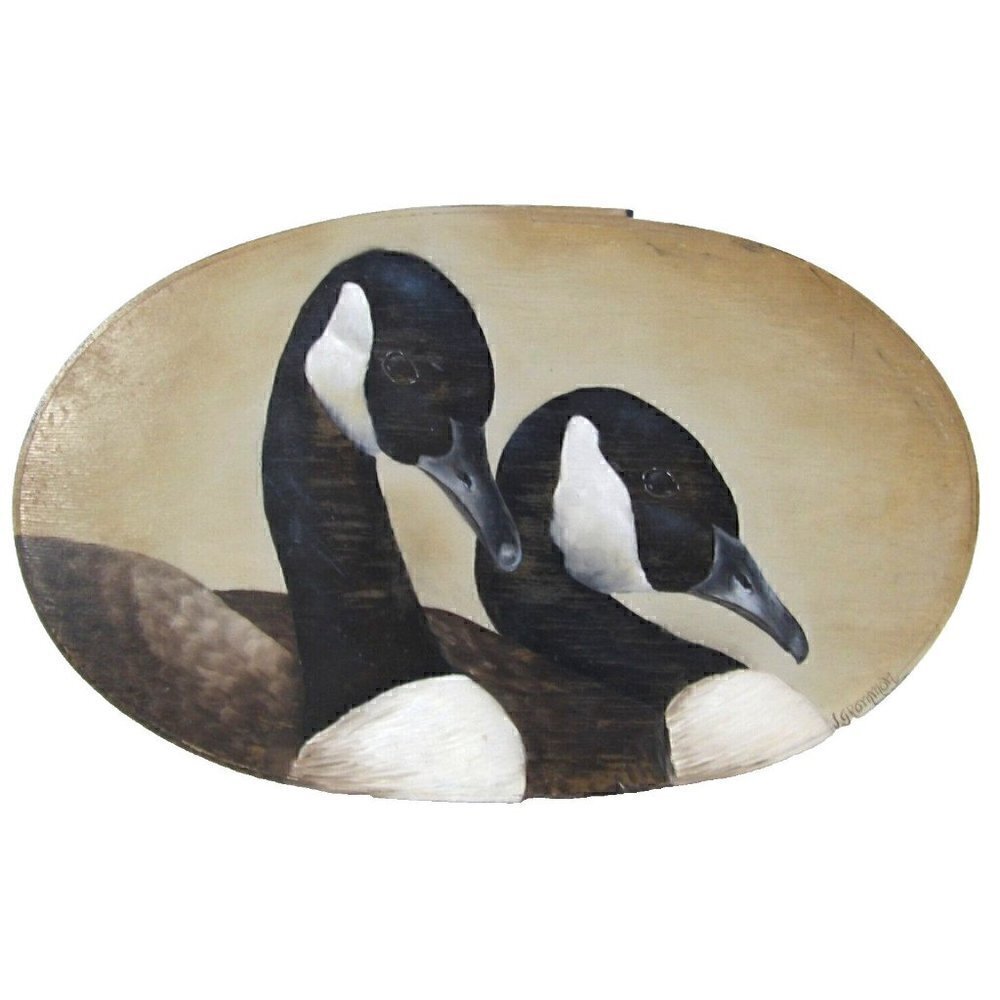 Oval shape wooden box painted with two ducks by JEAN GROMMON approx 15 x 9 x 3"